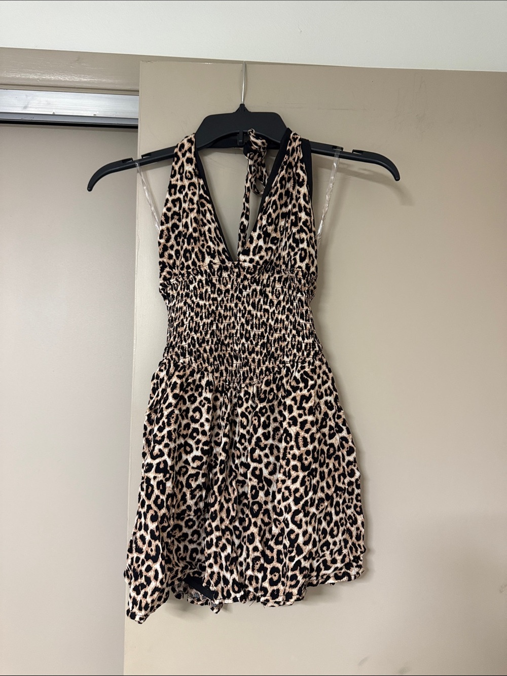 True & Co. Leopard Print Halter Romper in Black and Cream